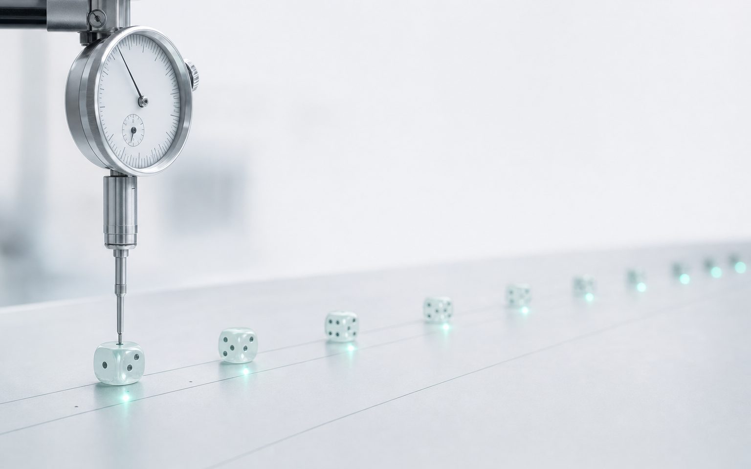 A precision dial indicator probing a translucent die at the head of an evenly spaced row — a visual metaphor for independently tested game outcomes
